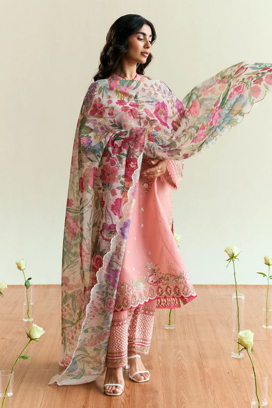 Peach Pink Embroidered Dhanak 3-Piece Suit