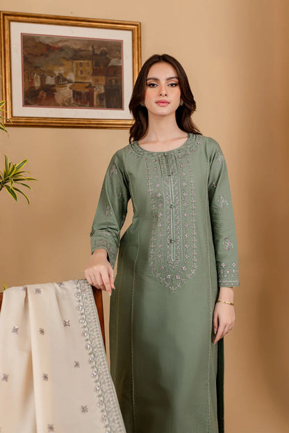 Sage Serenade Embroidered Dhanak 3-piece Outfit