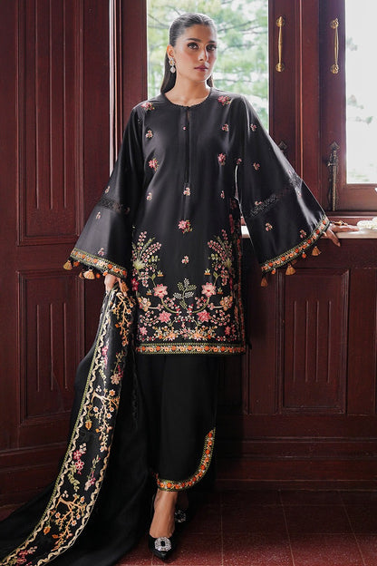 Glamorous Black Embroidered 3-Piece Dhanak Suit