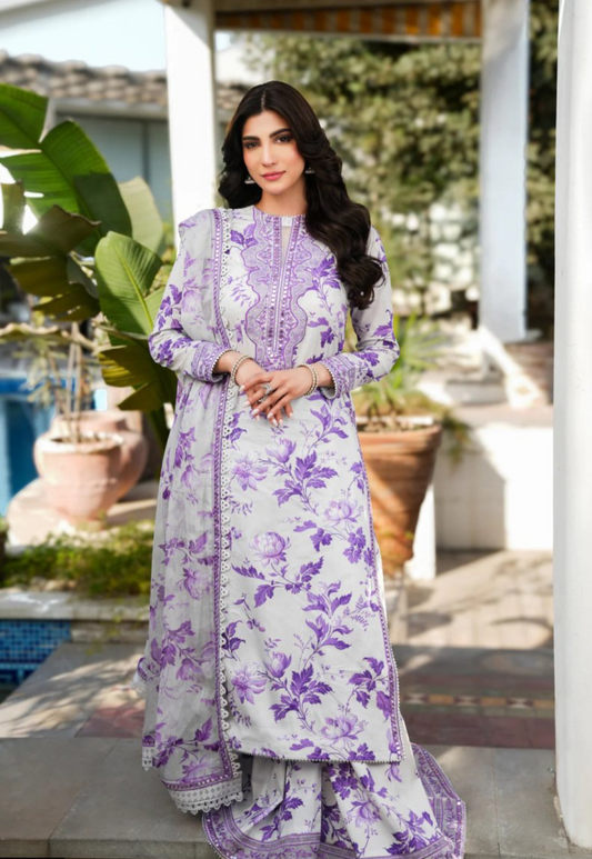 White & Purple Printed Pure Lawn 3-Piece Suit